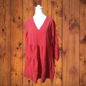 FANCYINN Women's XL Long Sleeve Red Ruffle Tiered Dress V-Neck Pockets Boho